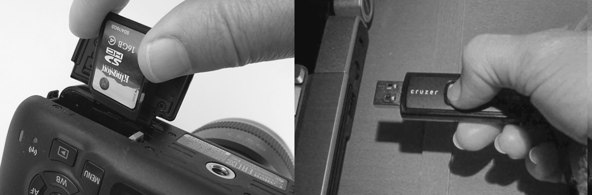 Left: Inserting memory card into camera. Right: Inserting USB drive into laptop.