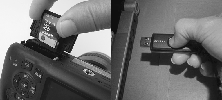 Left: Inserting memory card into camera. Right: Inserting USB drive into laptop.