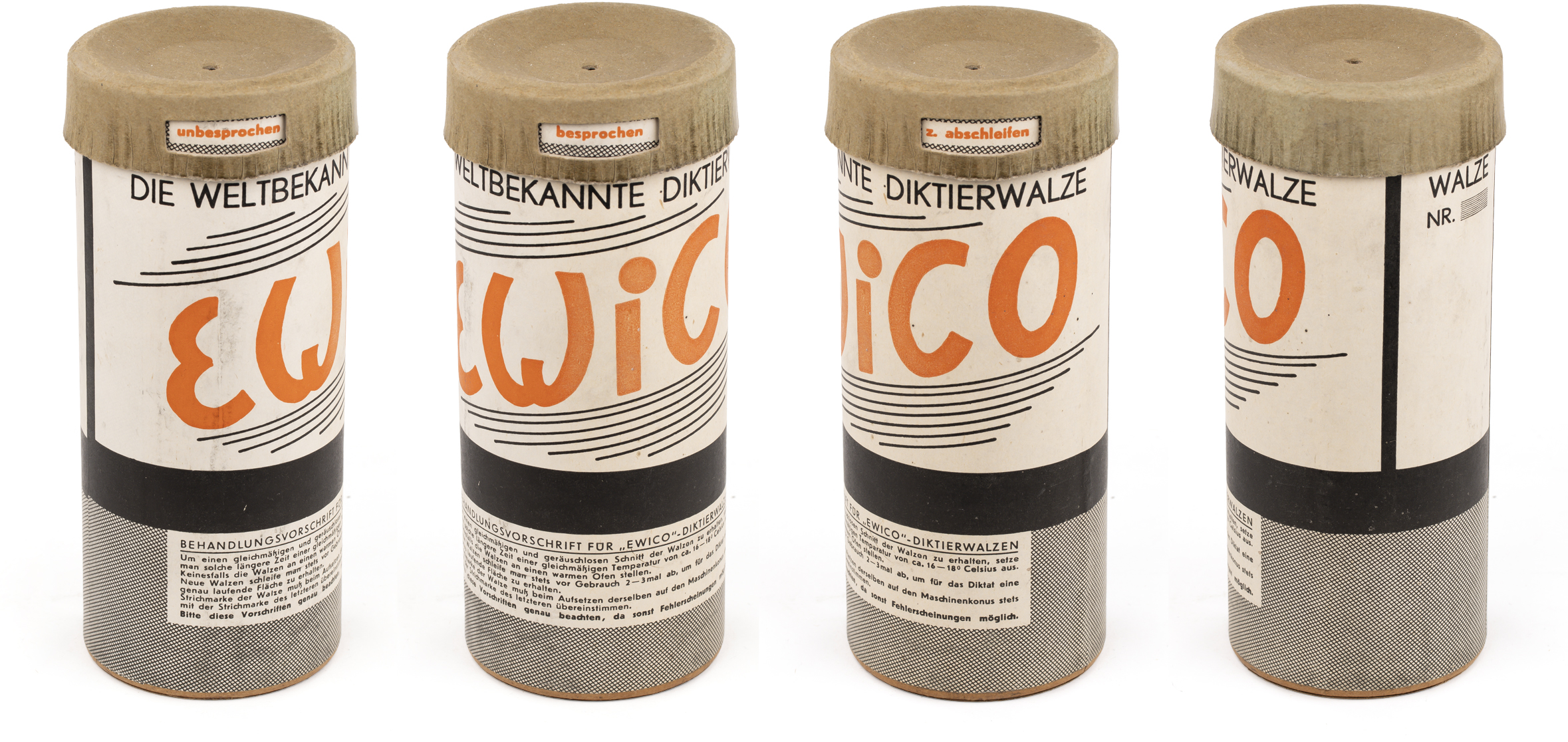 Four views of tube with lid with cuttout turned to expose different states of the cylinder