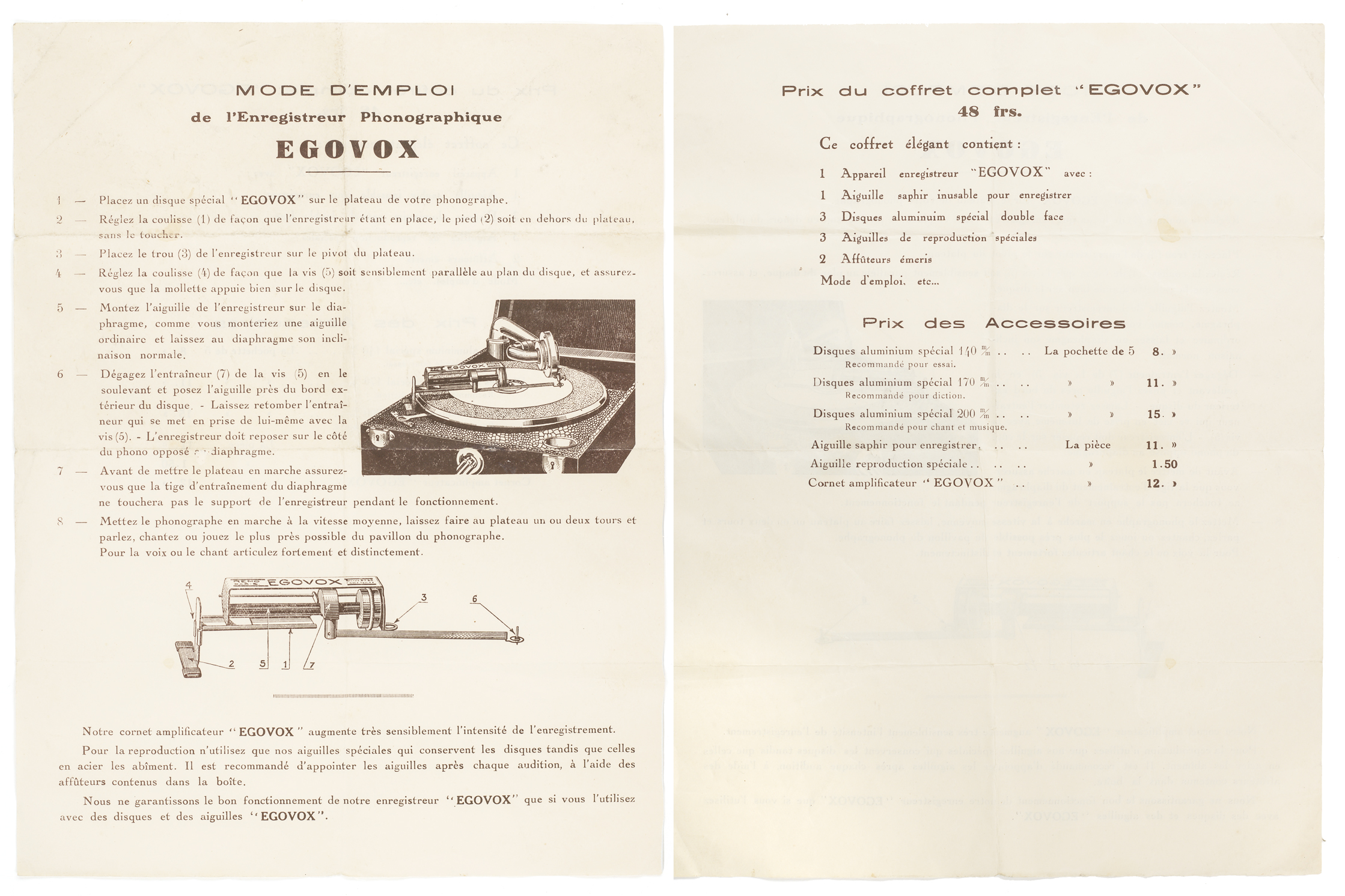 Front and back of instruction sheet with pictures of device attached to gramophone and a price list