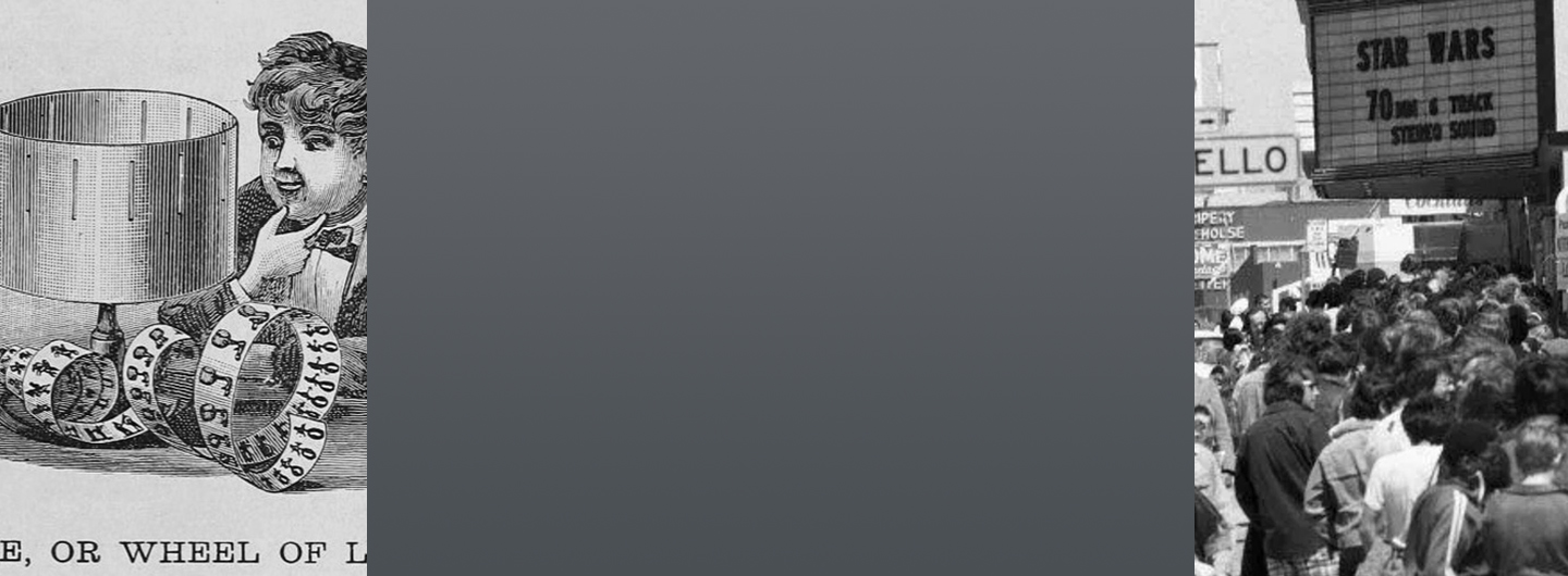 Left: 18th century wood engraving of children viewing a zoetrope, Right: People in line to see Star Wars in 70mm