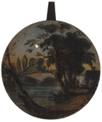 Small lithographed disc with handpainted color image of the moon over a bridge at night