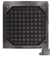 A glass font grid in metal frame with metal tab