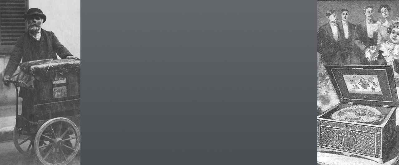 Left: Early 20th century photo of organ grinder and child. Right: Late 19th century advertisement for Regina music box with elegantly dressed people listening in drawing room.