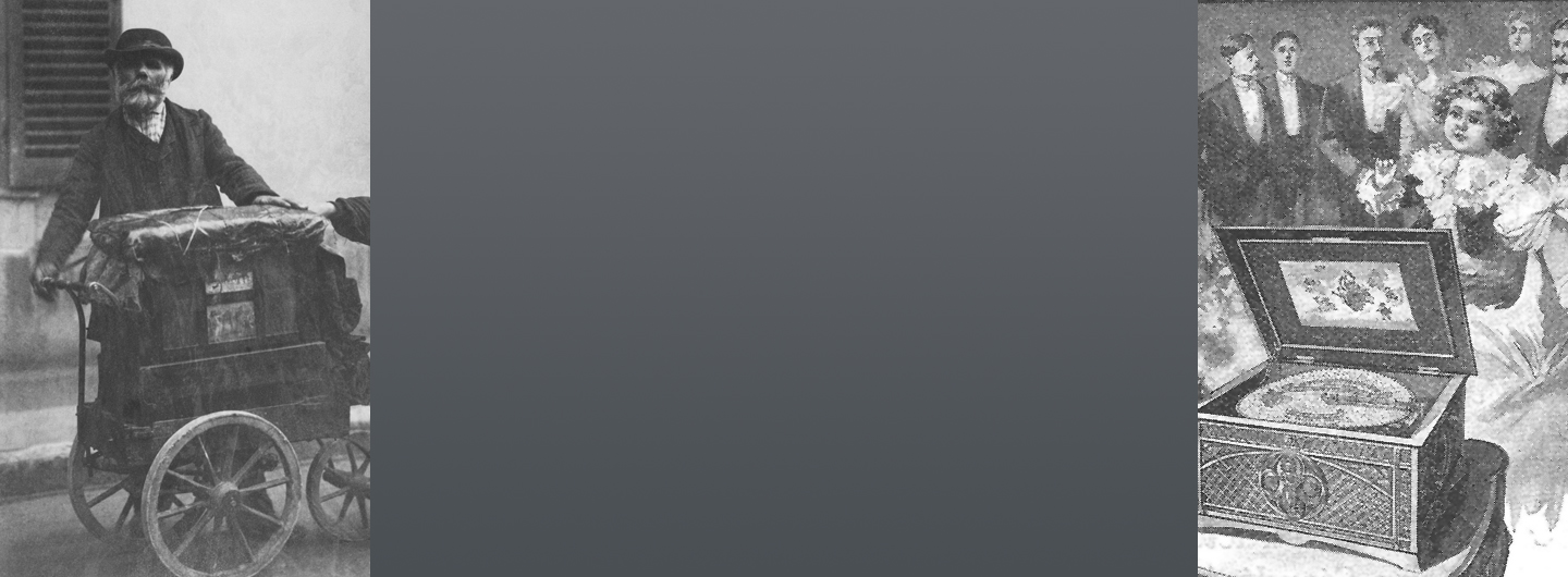 Left: Early 20th century photo of organ grinder and child. Right: Late 19th century advertisement for Regina music box with elegantly dressed people listening in drawing room.