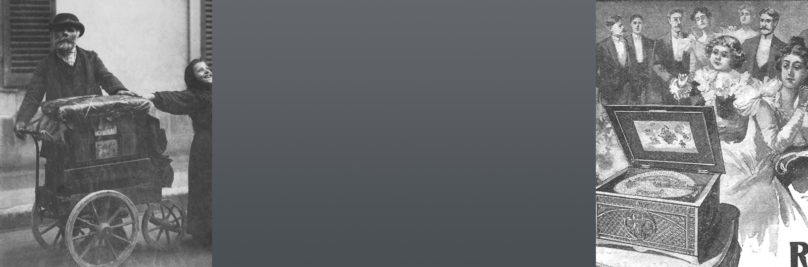 Left: Early 20th century photo of organ grinder and child. Right: Late 19th century advertisement for Regina music box with elegantly dressed people listening in drawing room.