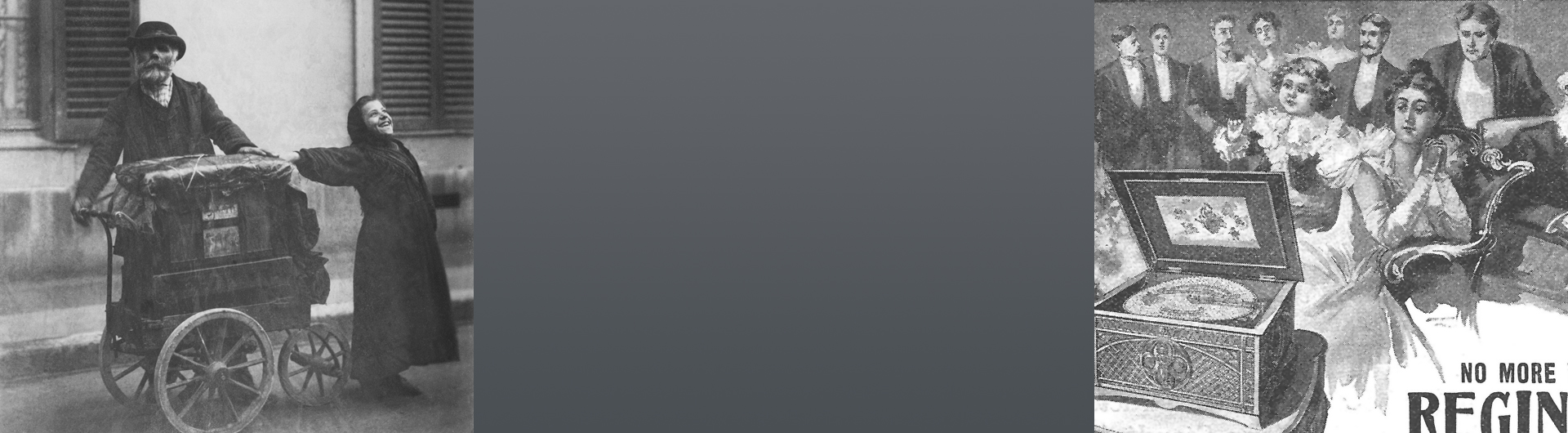 Left: Early 20th century photo of organ grinder and child. Right: Late 19th century advertisement for Regina music box with elegantly dressed people listening in drawing room.