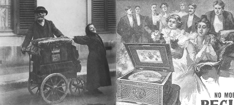 Left: Early 20th century photo of organ grinder and child. Right: Late 19th century advertisement for Regina music box with elegantly dressed people listening in drawing room.