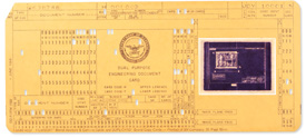 A standard IBM punch card with an embeded 35 mm celluloid microfilm image of an engineering drawing
