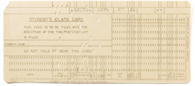 An IBM punchcard punched with class registration information for a course at Berkeley
