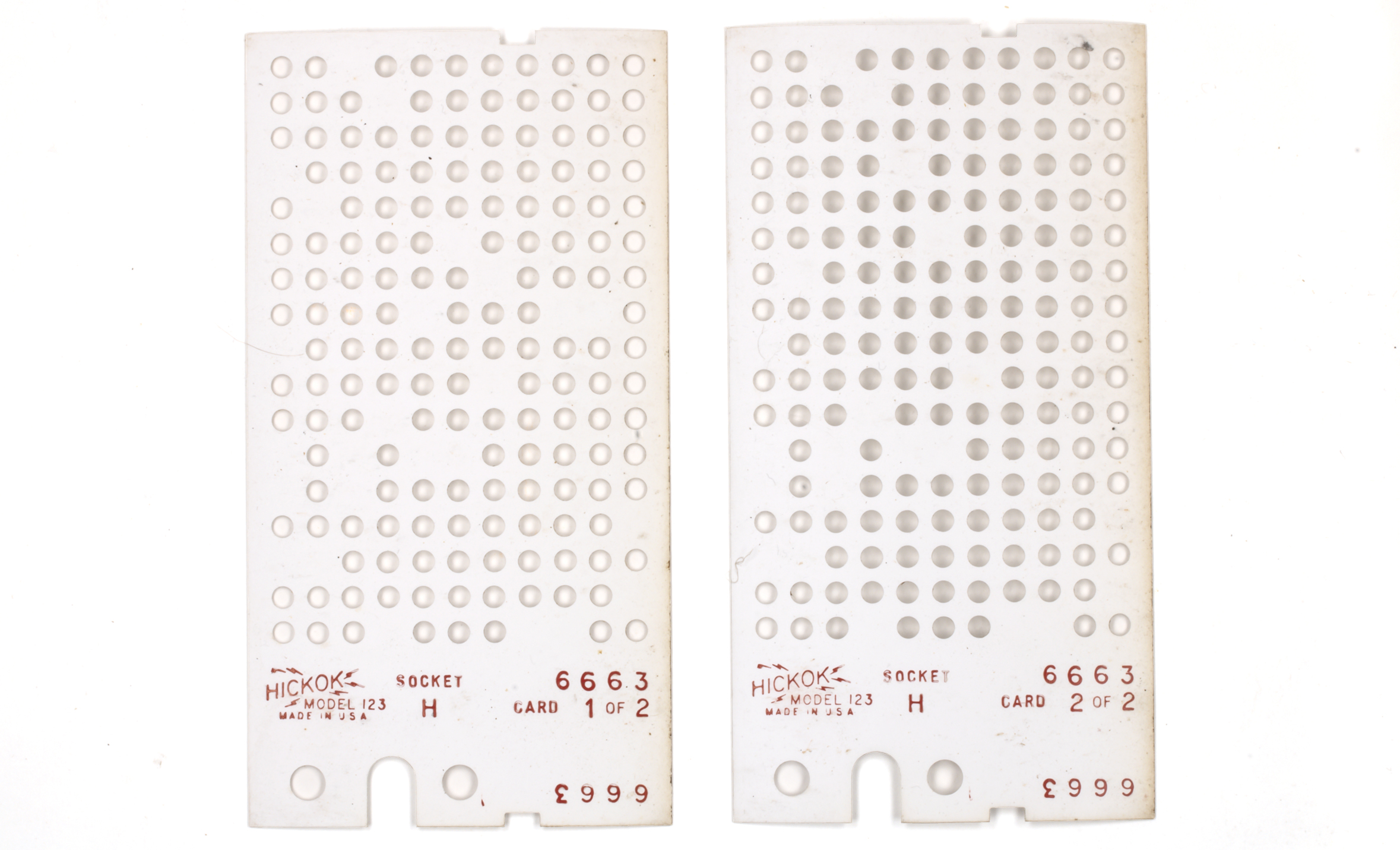 Two cards for the Hickok Cardmatic Model 123 tube tester punched with holes to set up the tester for tube #6663