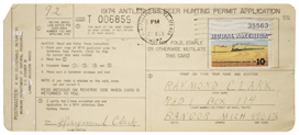 Stamped and canceled mailed hunting license application on punched IBM card with handwritten address