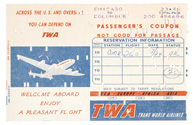 A tear-off punch card stub for a 1953 TWA boarding pass