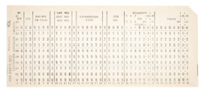 An unpunched 40-column card with numbers printed on it for locations where holes could be punched
