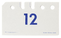 Small cardboard card with the number 12 printed on it and five holes along one edge, two of which are notched
