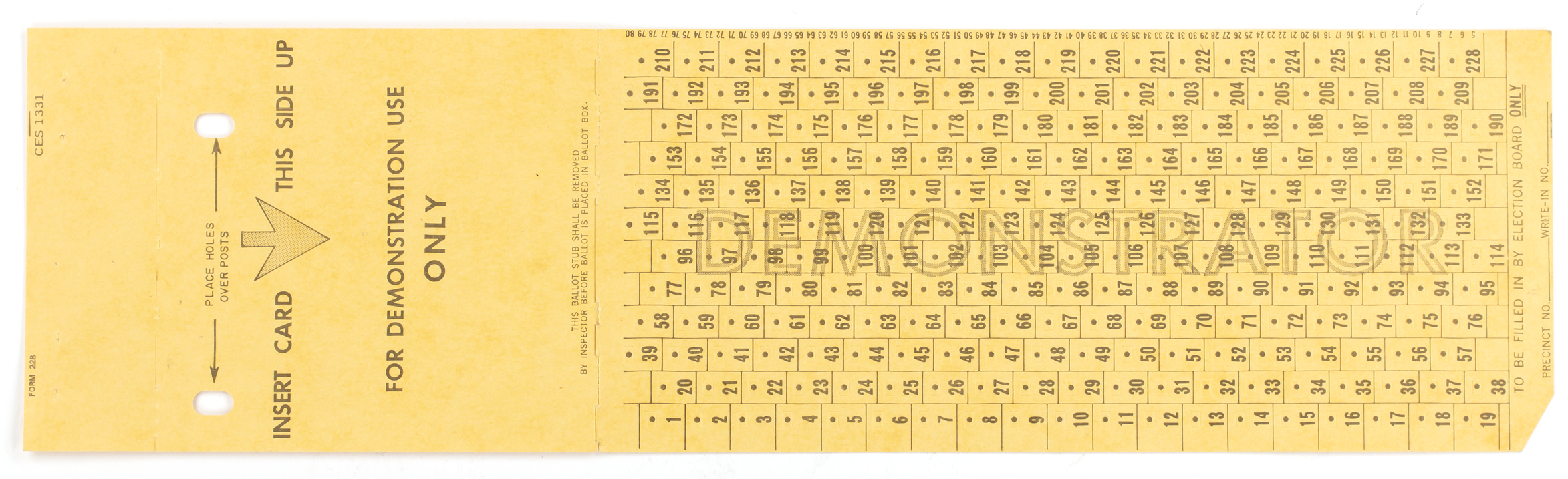 Yellow, tear-off, prescored punch card ballot