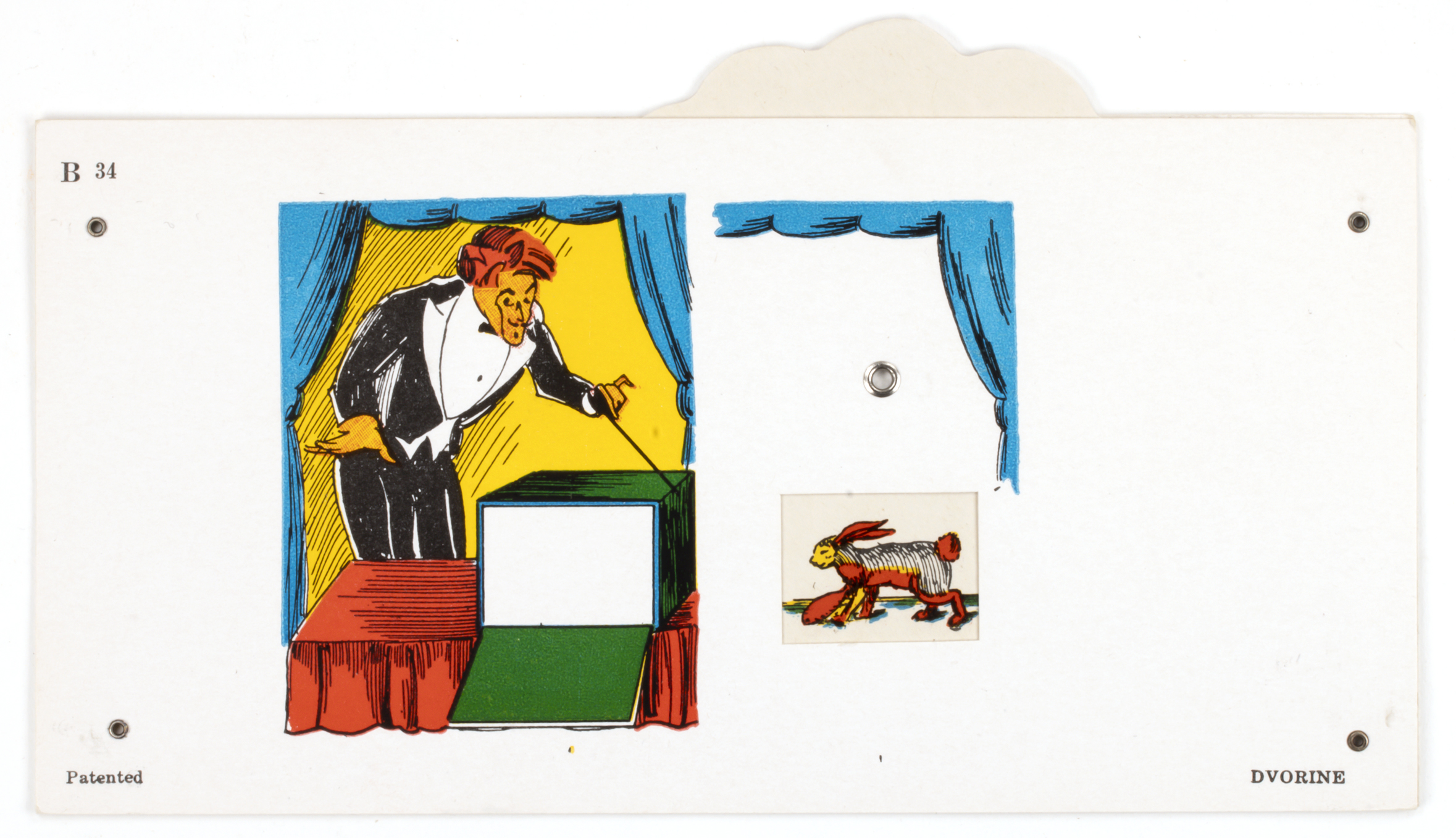 Dvorine card with magician and box on left and various things that are brought into the box visually by fusing the two images